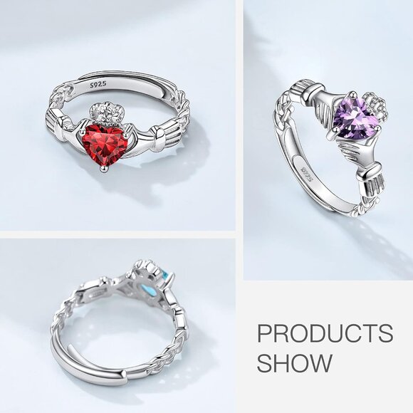 925 Sterling Silver Good Luck Celtic Twisted Knot/Claddagh Heart Birthstone Ring - Picture 6 of 7